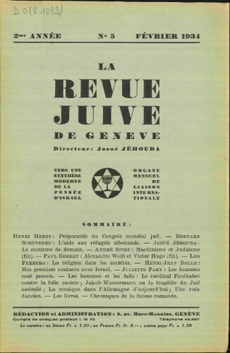 La Revue Juive de Genève. Vol. 2 n° 5 fasc. 15 (février 1934)